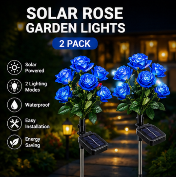 Solar Rose Garden Stake Lights - 2 Pack LED Flower Lights with Dual Lighting Modes