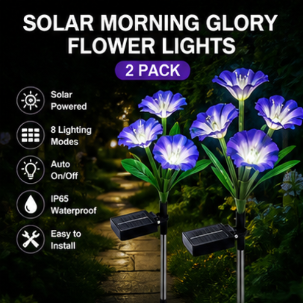 Solar Morning Glory Flower Lights- 2 Pack LED Garden Pathway Lights with 8 Lighting Modes
