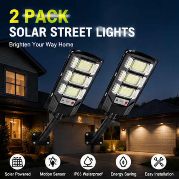 Solar LED Street Lights Outdoor - 2 Pack Waterproof Security Flood Lights with Remote Control