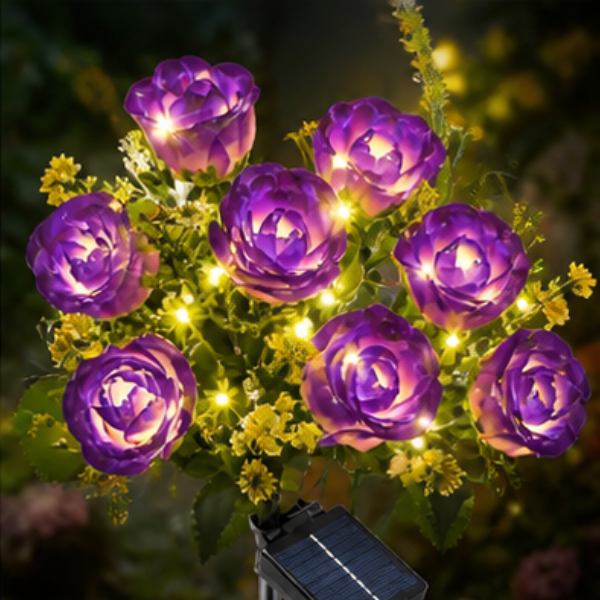 Solar Rose Garden Lights - 2 Pack LED Flower Pathway Lights with 14 Blooms & 8 Lighting Modes
