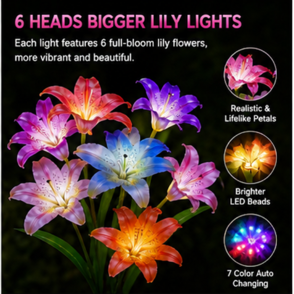 Solar Lily Garden Lights - 4 Pack Color-Changing LED Flower Stake Lights with 6 Bloom Heads