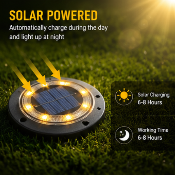 2-in-1 Solar Ground Disk Lights- Waterproof Solar Pathway & Deck Lights Outdoor (8 Pack)