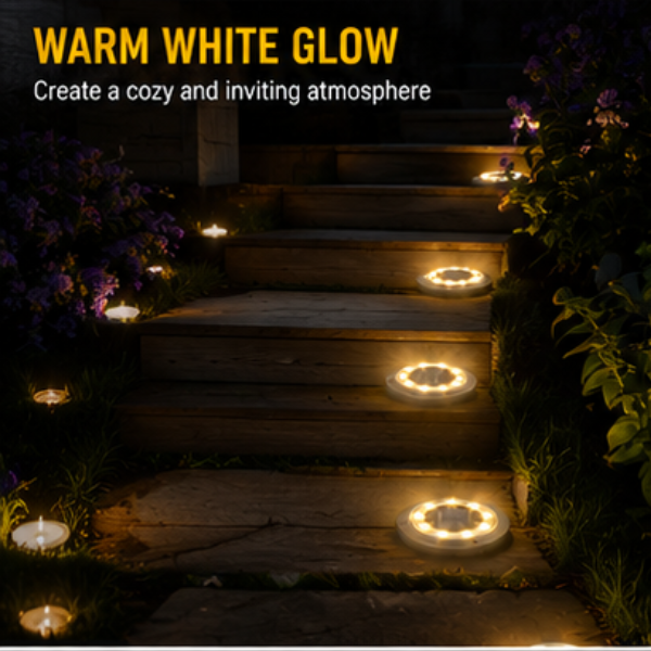 2-in-1 Solar Ground Disk Lights- Waterproof Solar Pathway & Deck Lights Outdoor (8 Pack)