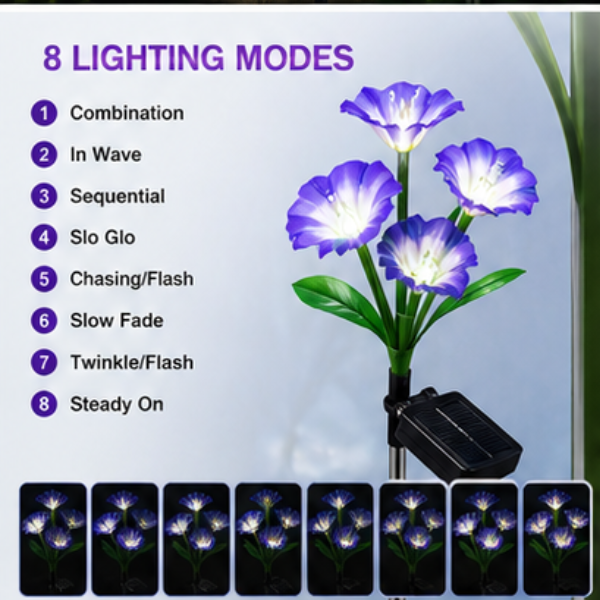 Solar Morning Glory Flower Lights- 2 Pack LED Garden Pathway Lights with 8 Lighting Modes