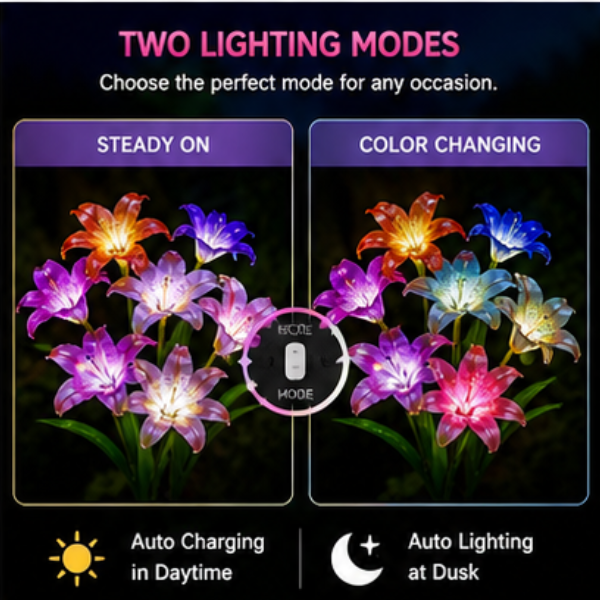 Solar Lily Garden Lights - 4 Pack Color-Changing LED Flower Stake Lights with 6 Bloom Heads