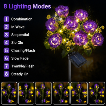 Solar Rose Garden Lights - 2 Pack LED Flower Pathway Lights with 14 Blooms & 8 Lighting Modes