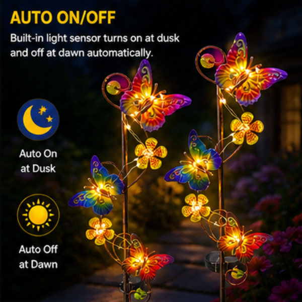 Solar Butterfly Garden Stake Lights - 2 Pack Warm LED Outdoor Decorative Lights