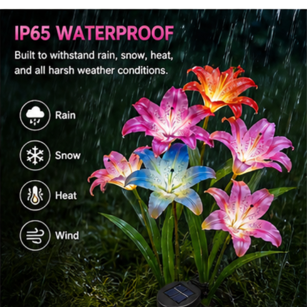 Solar Lily Garden Lights - 4 Pack Color-Changing LED Flower Stake Lights with 6 Bloom Heads