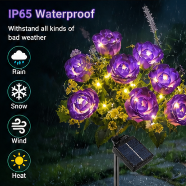Solar Rose Garden Lights - 2 Pack LED Flower Pathway Lights with 14 Blooms & 8 Lighting Modes