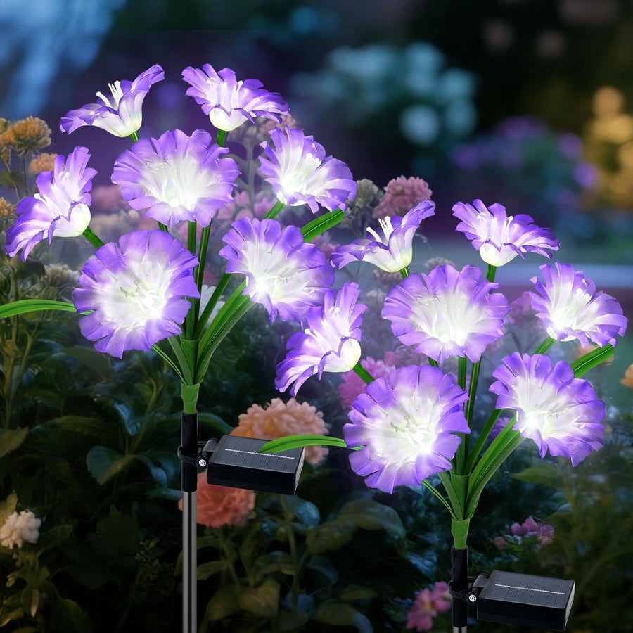 Solar Morning Glory Flower Lights- 2 Pack LED Garden Pathway Lights with 8 Lighting Modes