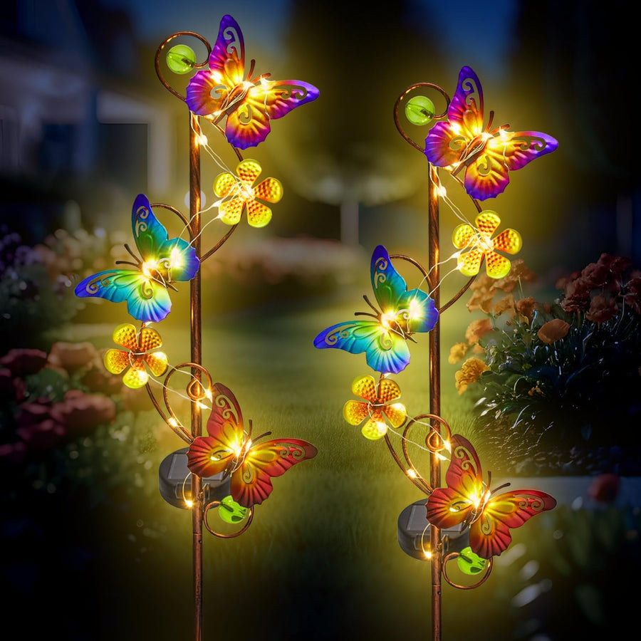 Solar Butterfly Garden Stake Lights - 2 Pack Warm LED Outdoor Decorative Lights