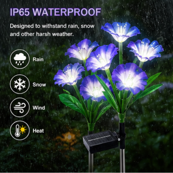 Solar Morning Glory Flower Lights- 2 Pack LED Garden Pathway Lights with 8 Lighting Modes