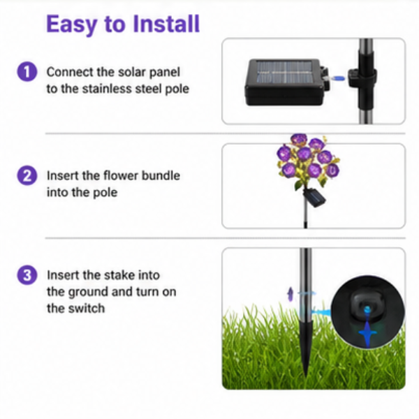 Solar Rose Garden Lights - 2 Pack LED Flower Pathway Lights with 14 Blooms & 8 Lighting Modes