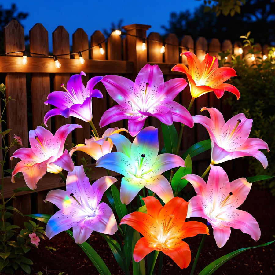 Solar Lily Garden Lights - 4 Pack Color-Changing LED Flower Stake Lights with 6 Bloom Heads