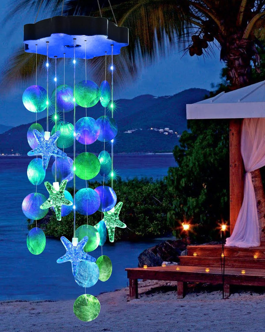Solar Seashell Wind Chimes - Color Changing Waterproof Hanging Outdoor Decorative Light for Patio, Garden & Porch