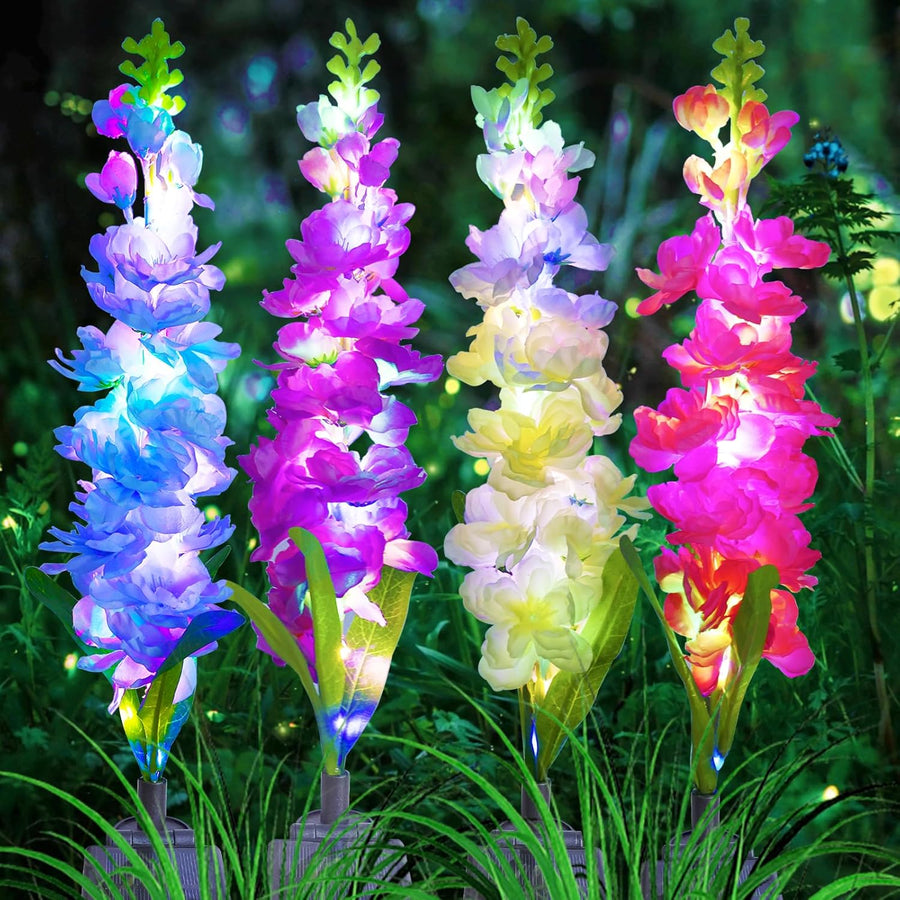 Solar Delphinium Flower Lights - 4 Pack LED Garden Stake Lights with 80 LEDs & Dual Modes