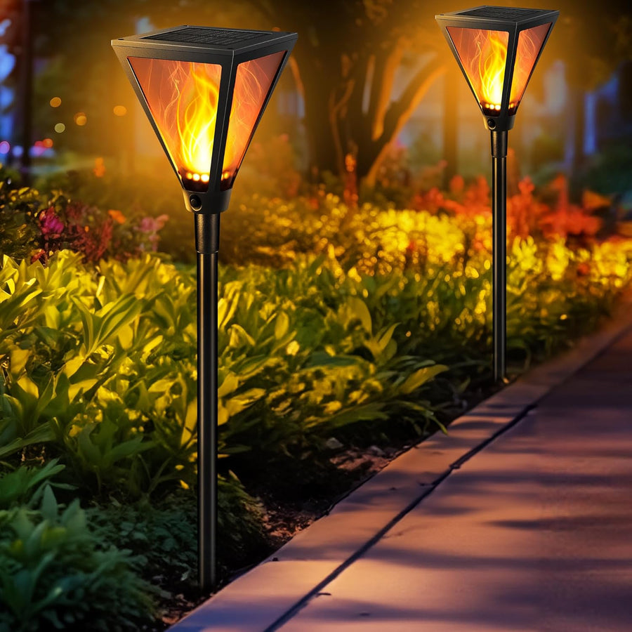 2 Pack Solar Flame Post Lights - Flickering LED Torch Pathway Lights, Waterproof Outdoor Garden & Patio Decor
