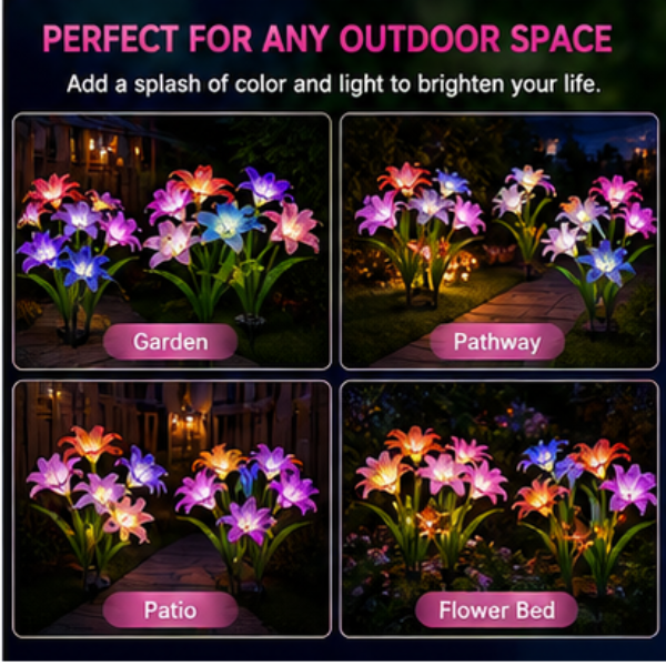 Solar Lily Garden Lights - 4 Pack Color-Changing LED Flower Stake Lights with 6 Bloom Heads