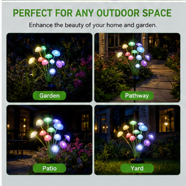 Solar Mushroom Garden Lights - 2 Pack LED Jellyfish Style Pathway Lights with Dual Modes