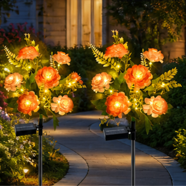 Solar Hibiscus Flower Garden Lights - 2 Pack Champagne LED Pathway Lights with 8 Lighting Modes