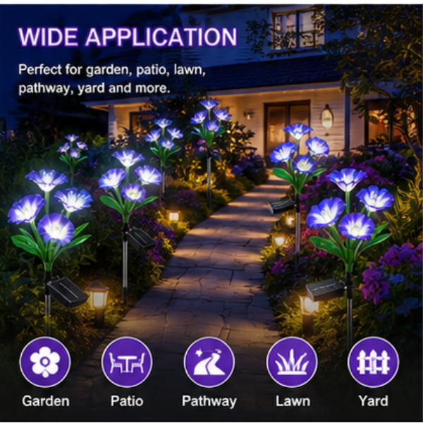 Solar Morning Glory Flower Lights- 2 Pack LED Garden Pathway Lights with 8 Lighting Modes