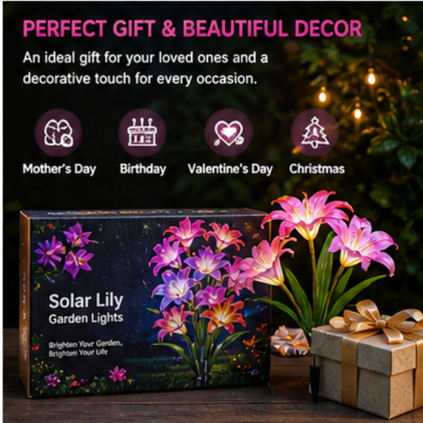Solar Lily Garden Lights - 4 Pack Color-Changing LED Flower Stake Lights with 6 Bloom Heads
