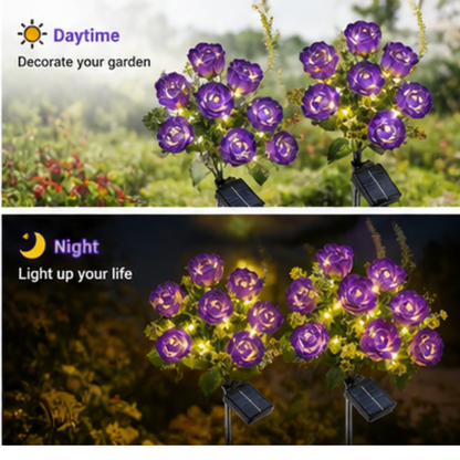 Solar Rose Garden Lights - 2 Pack LED Flower Pathway Lights with 14 Blooms & 8 Lighting Modes