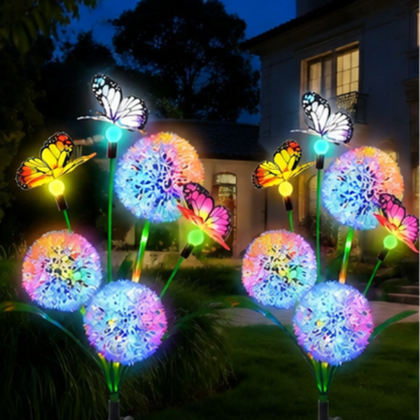 Solar Dandelion & Butterfly Garden Lights - 2 Pack Multicolor LED Pathway Decor
