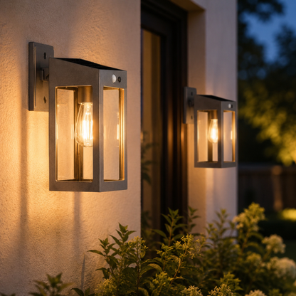 Modern Solar Wall Lantern Lights - 2 Pack Motion Sensor Outdoor Porch Sconces
