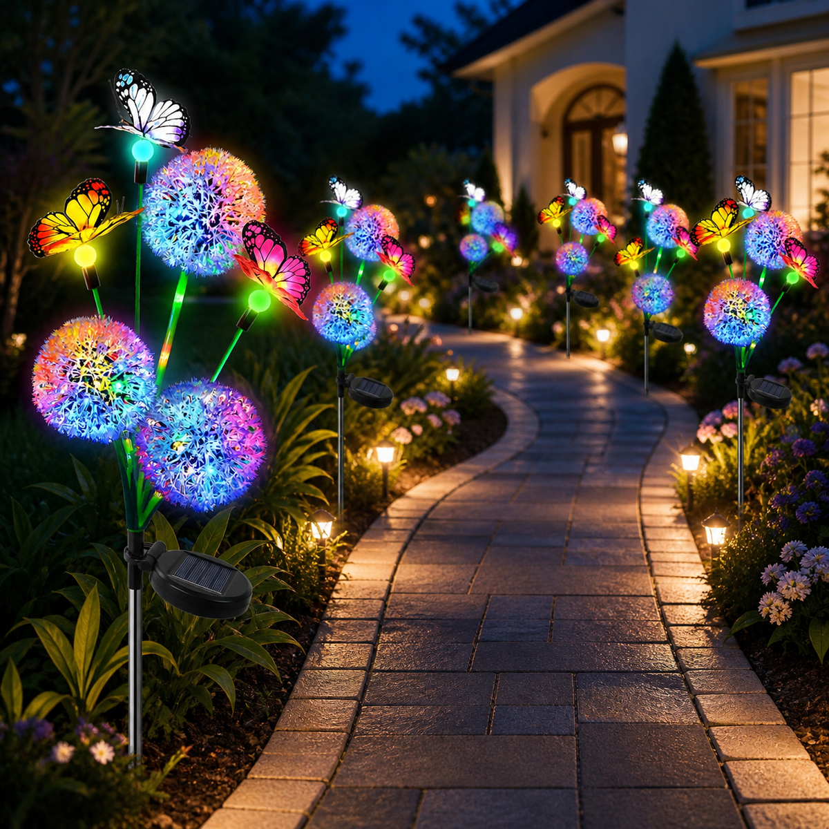 Solar Dandelion & Butterfly Garden Lights - 2 Pack Multicolor LED Pathway Decor
