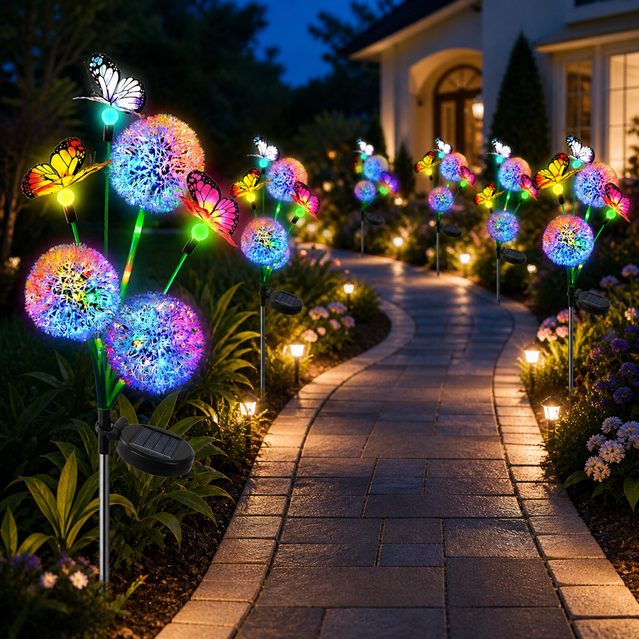 Solar Dandelion & Butterfly Garden Lights - 2 Pack Multicolor LED Pathway Decor